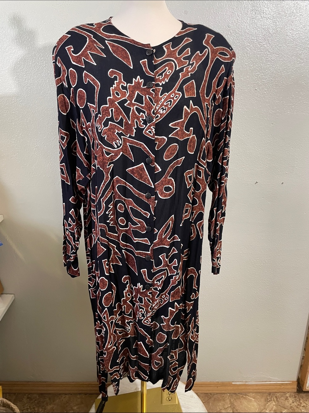 New Options Kate Geddes Abstract Midi Dress Black Rust Button Slit NWT Small